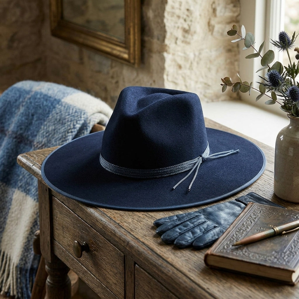 Navy Wool Felt Fedora with Braided Rope Band and Tasseled Trim