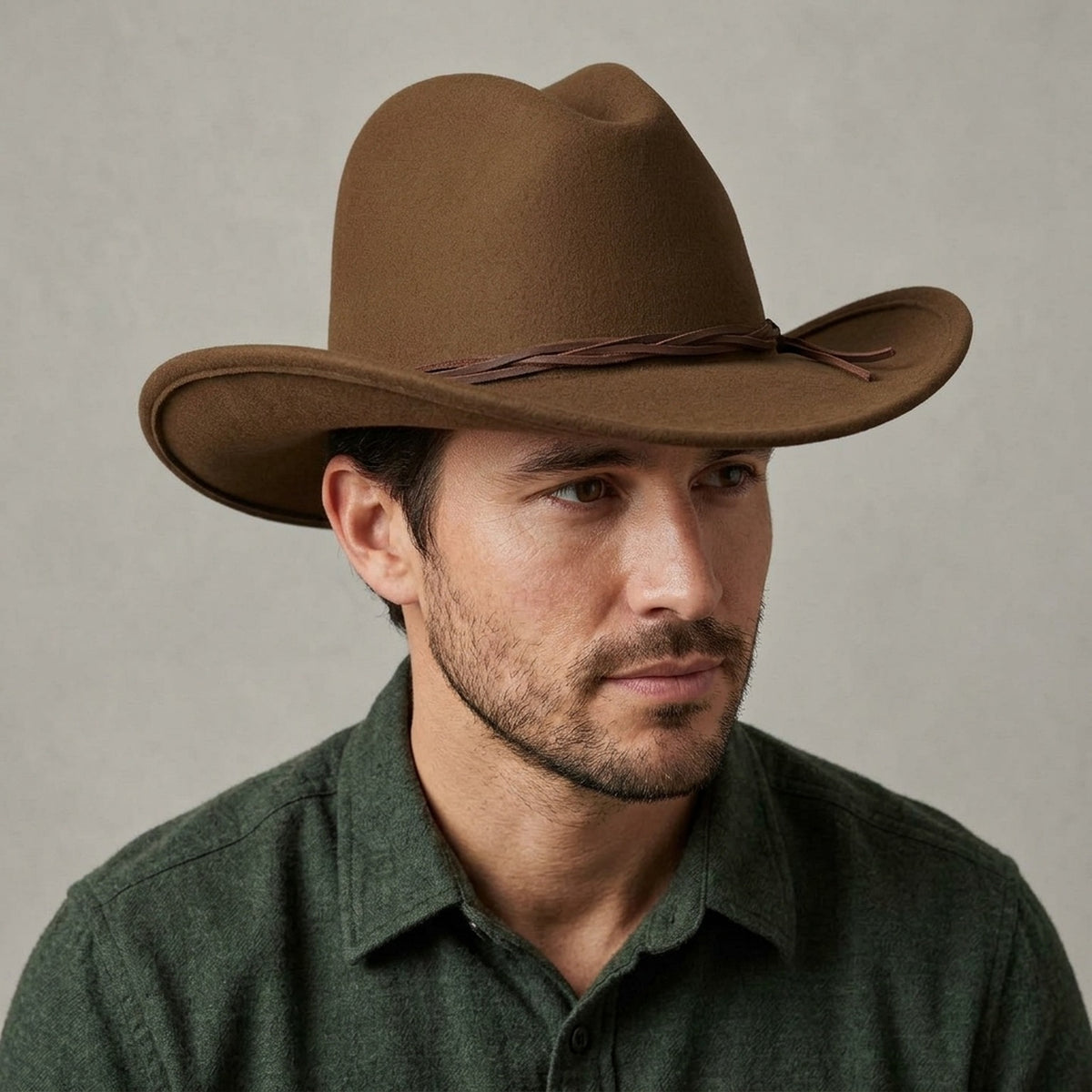 Brown Felt Cowboy Hat with Leather Cord Band and Chin Tie