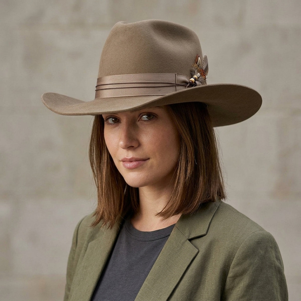 Unisex Taupe Wool Felt Cowboy Hat with Ribbon Band