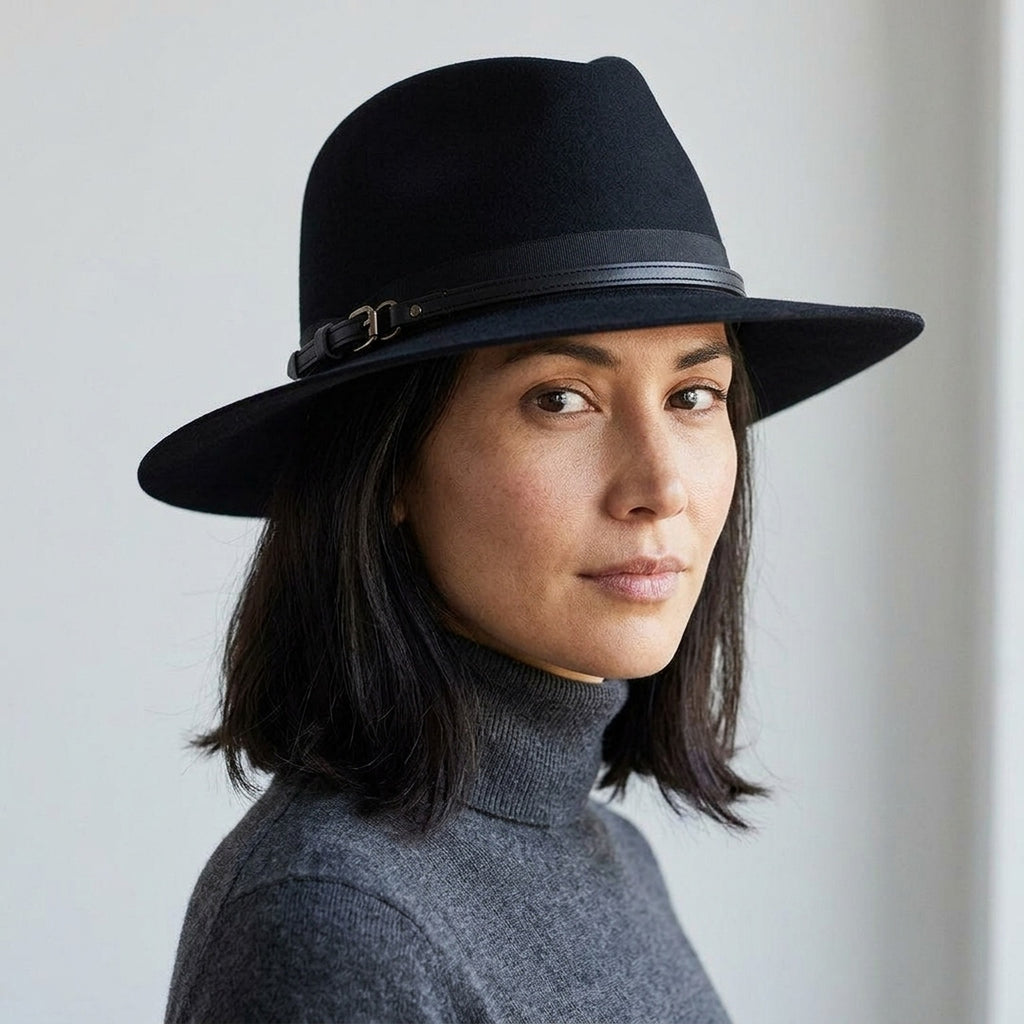 Unisex Black Wool Felt Fedora with Double Strap Band