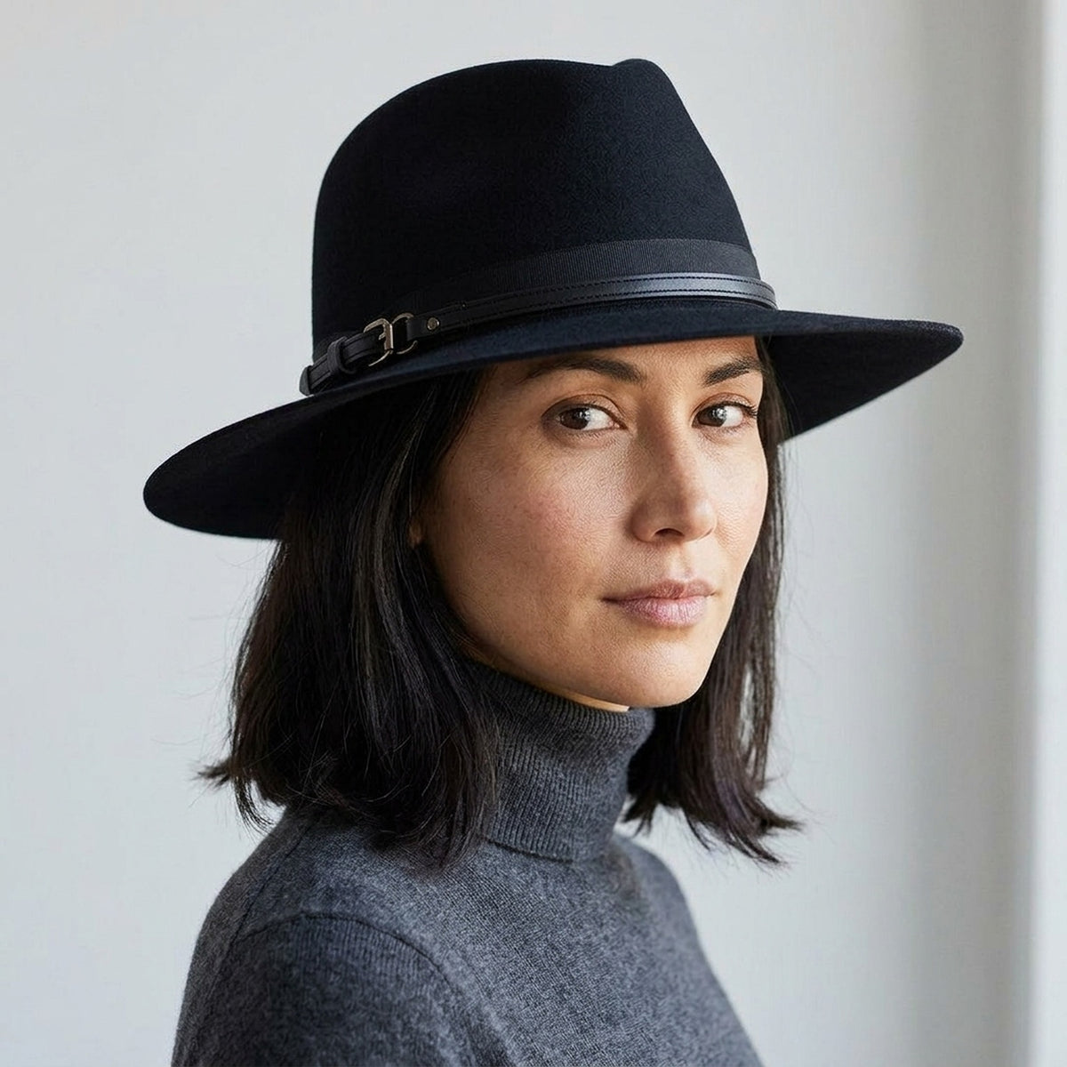 Unisex Black Wool Felt Fedora with Double Strap Band