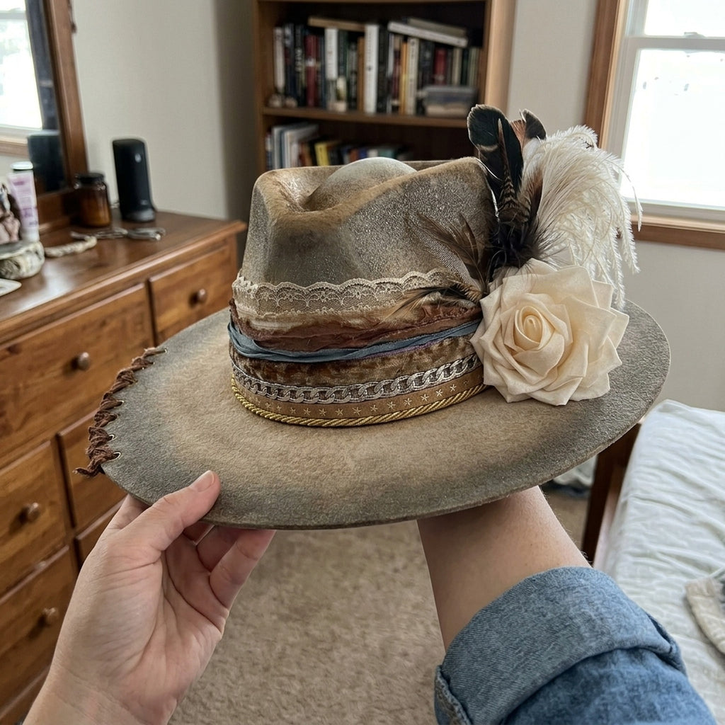 Distressed Gray Tan Felt Western Hat Cream Rose Lace Trim