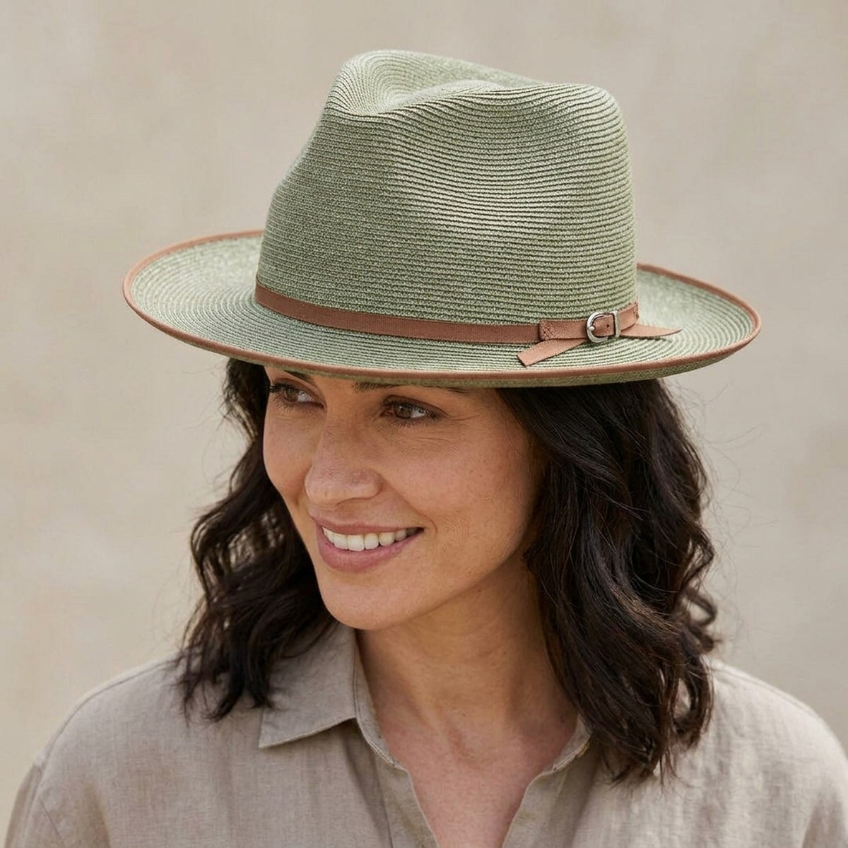 Sage Green Straw Fedora with Leather Buckle Detail