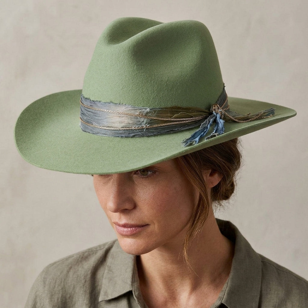 Sage Green Felt Cowboy Hat with Layered Chain and Feather Band
