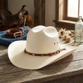 Unisex White Straw Cowboy Hat with Diamond Concho Leather Band