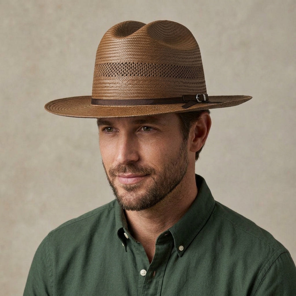 Taupe Brown Straw Fedora Hat with Dark Grosgrain Ribbon