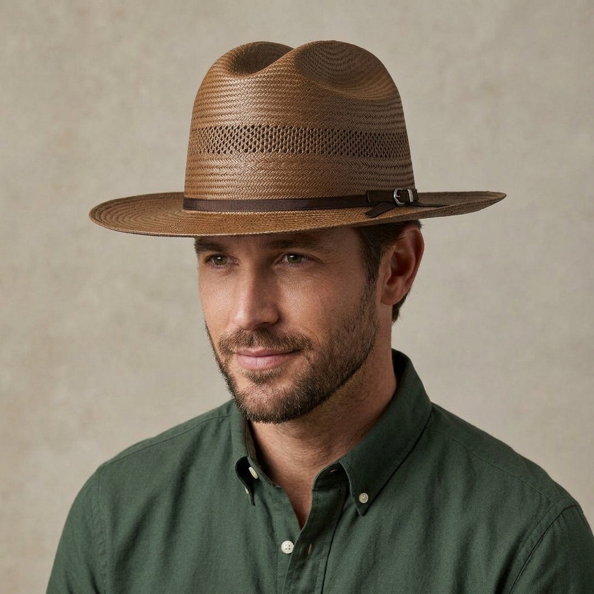 Taupe Brown Straw Fedora Hat with Dark Grosgrain Ribbon