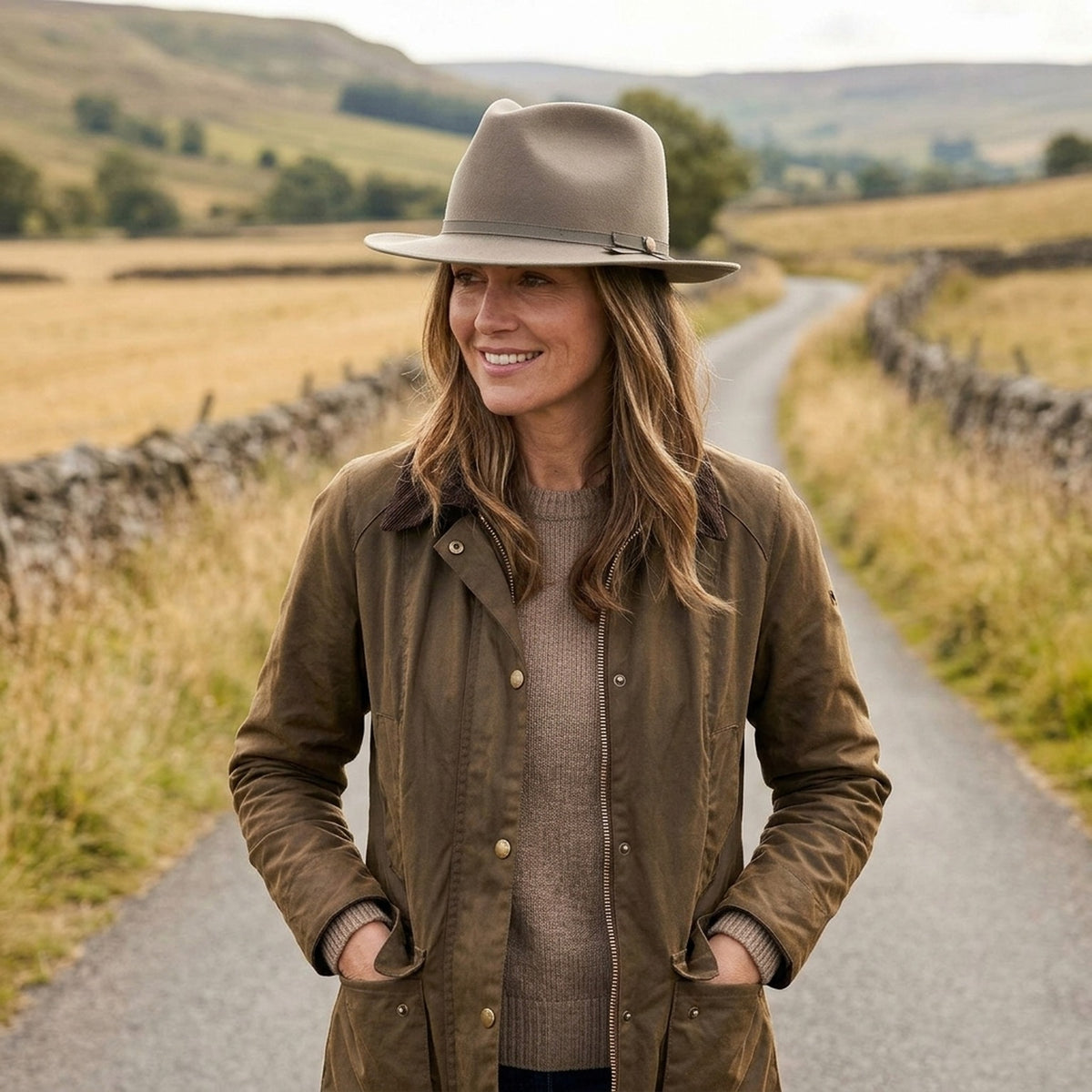 Sage Green Fedora With Wide Flat Brim and Ribbon Trim