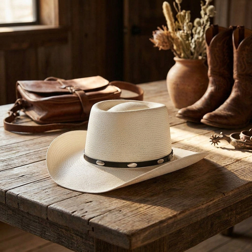 White Straw Western Hat with Concho Band for Country Style