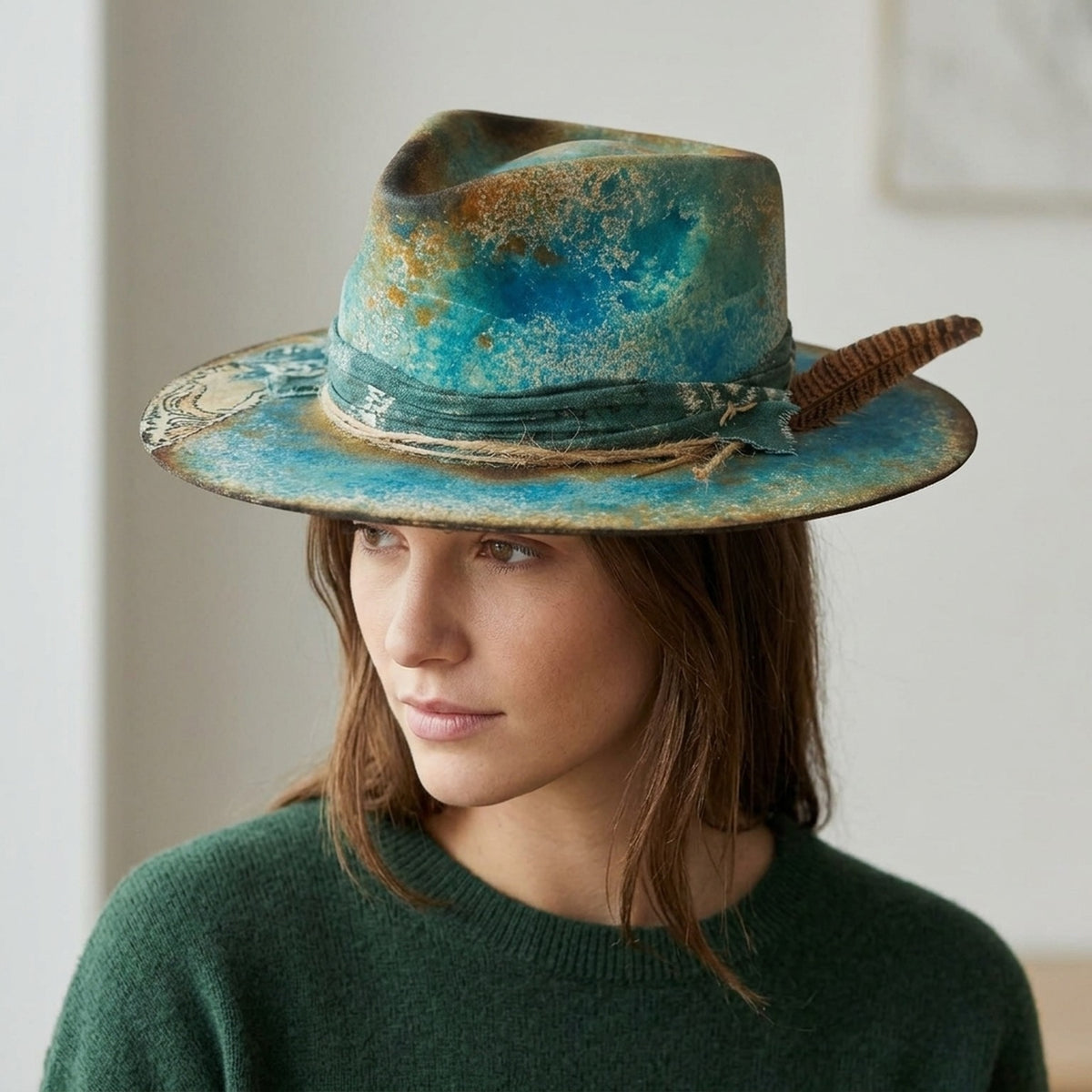 Turquoise Felt Western Hat with Dark Band and Striped Feather