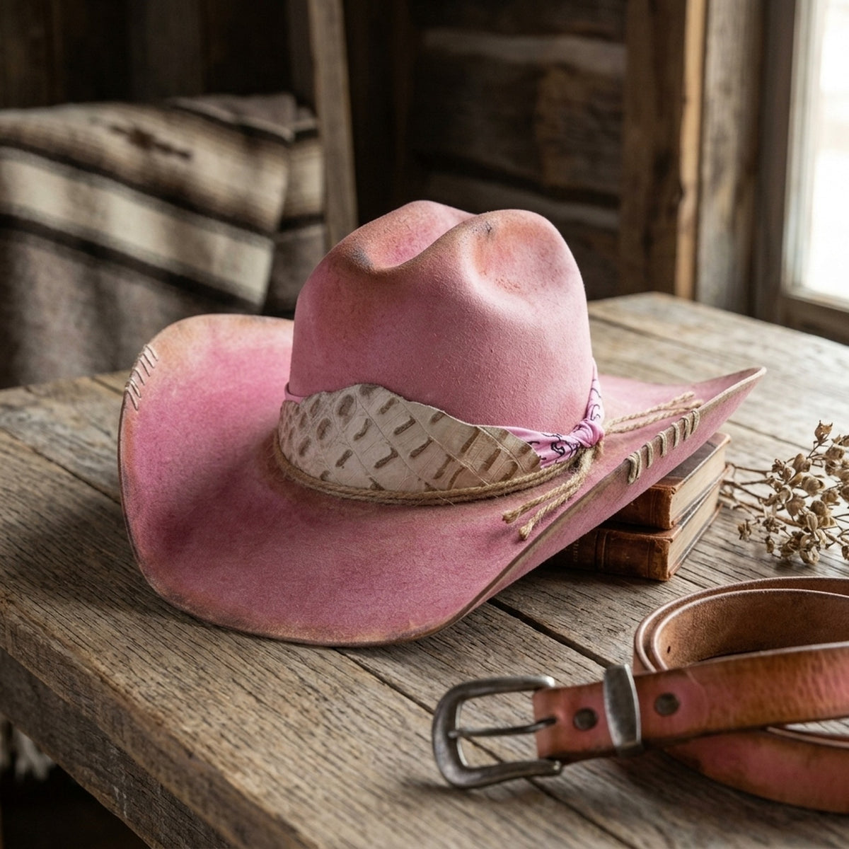 Pink Cowboy Hat Snakeskin Band Pink Bandana Rope Ties Western Style