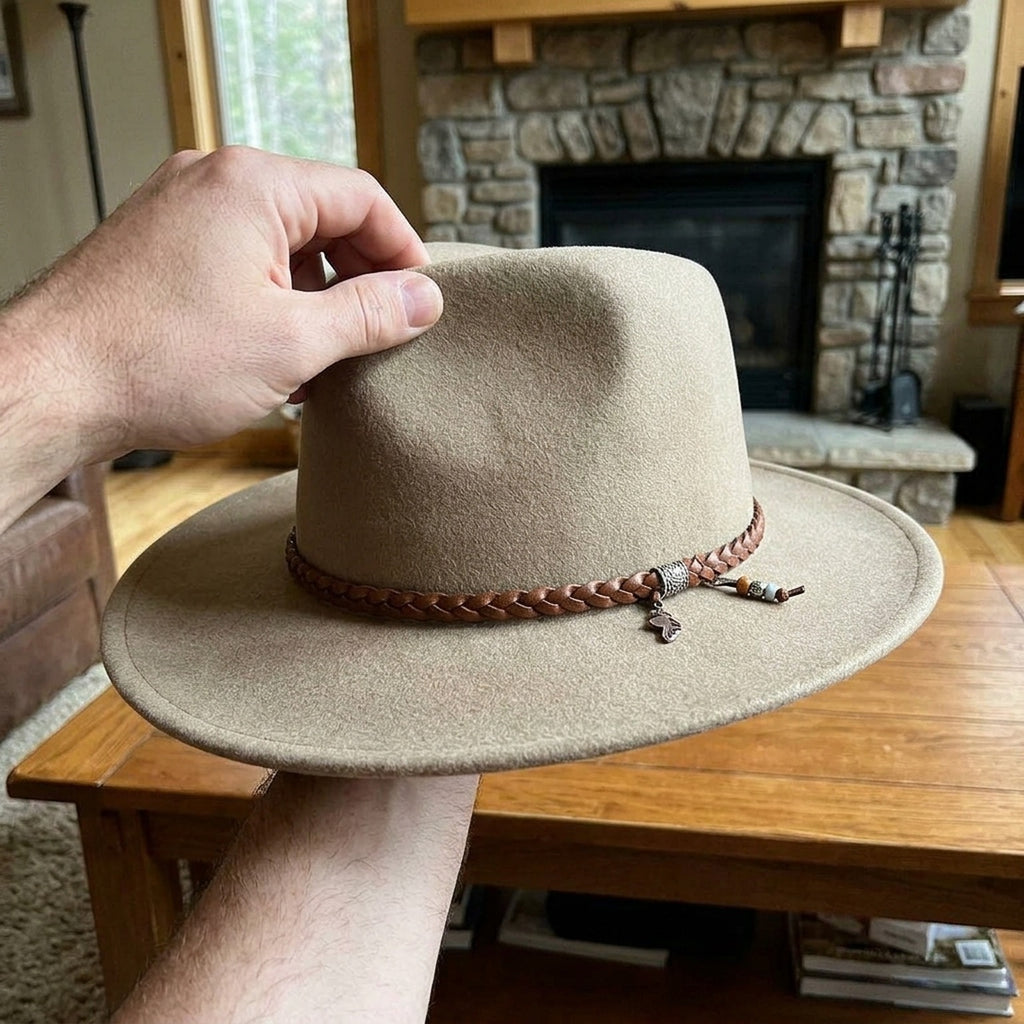 Unisex Beige Wool Felt Western Hat with Braided Leather Band