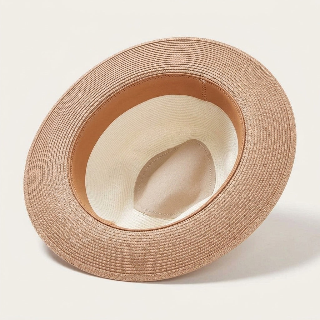 Two-Tone Cream and Tan Straw Sun Hat with Gold Band