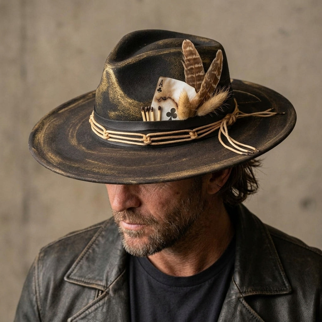 Distressed Black Gold Fedora Hat Feather Playing Card Western Style