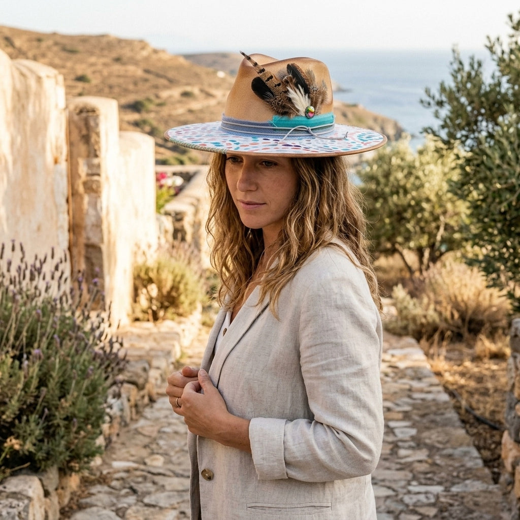 Tan Festival Fedora with Painted Confetti Brim and Feathers