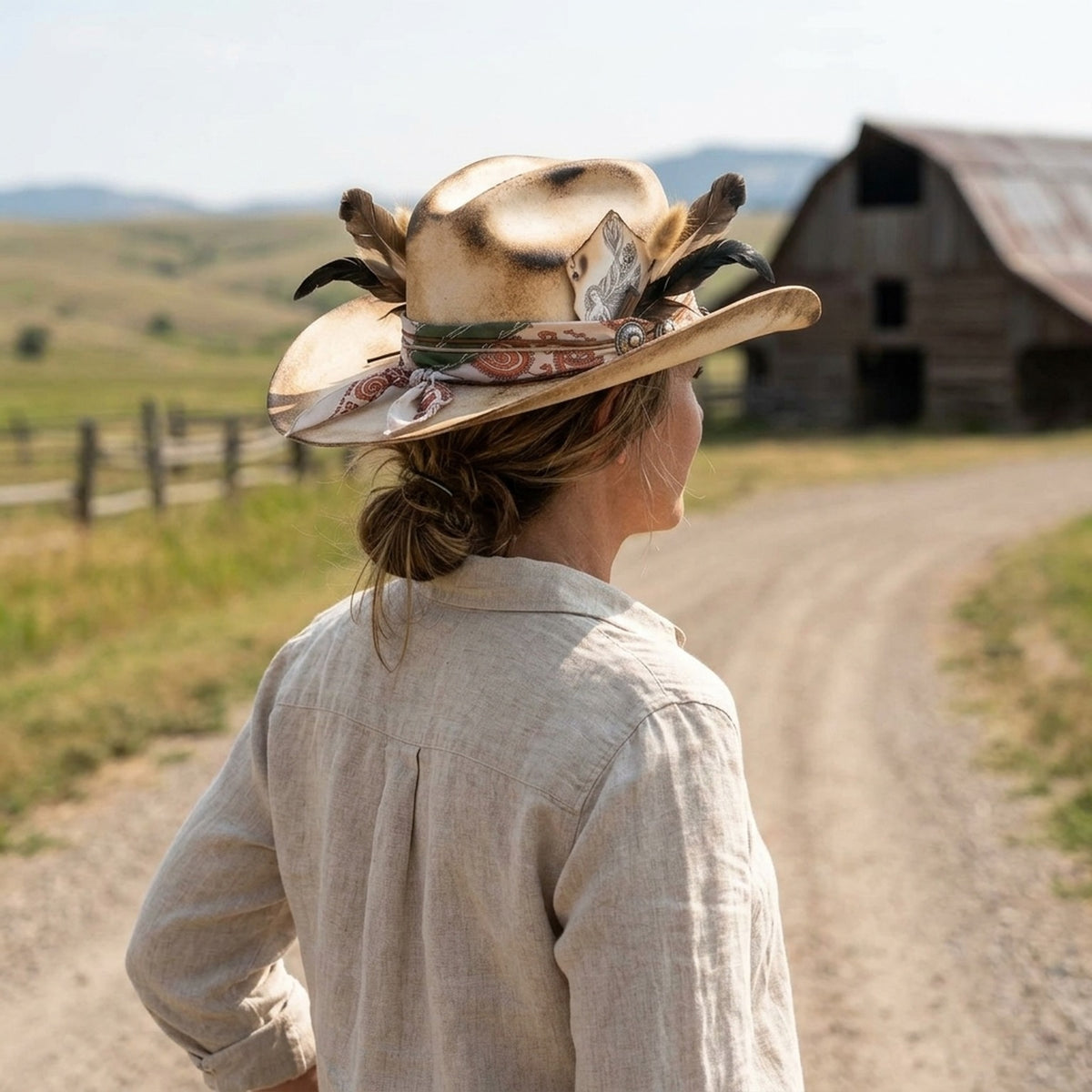 Burnt Cream Cowboy Hat with Paisley Band and Feather Cards