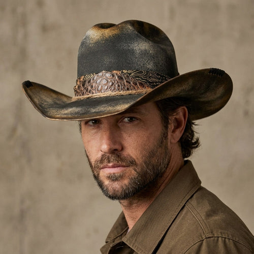 Aged Black Cowboy Hat with Patterned Band and Side Stitching