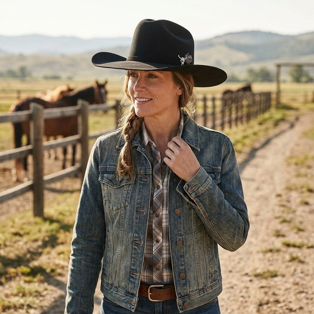 Black Felt Western Hat with Wide Flat Brim and Side Pin Detail