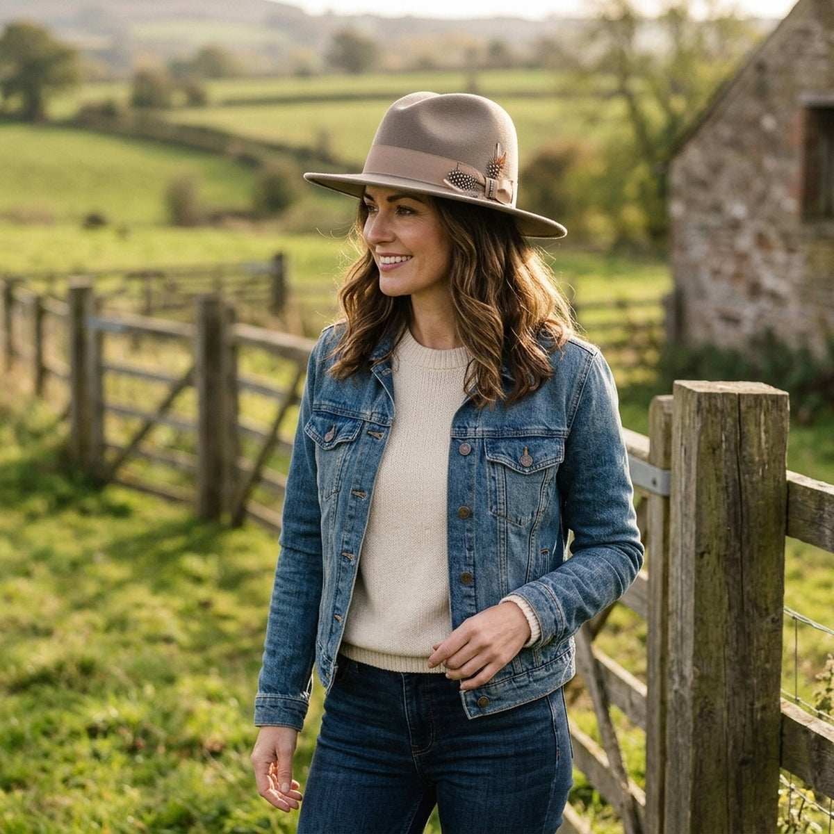 Taupe Wool Felt Fedora Hat with Subtle Feather Detail