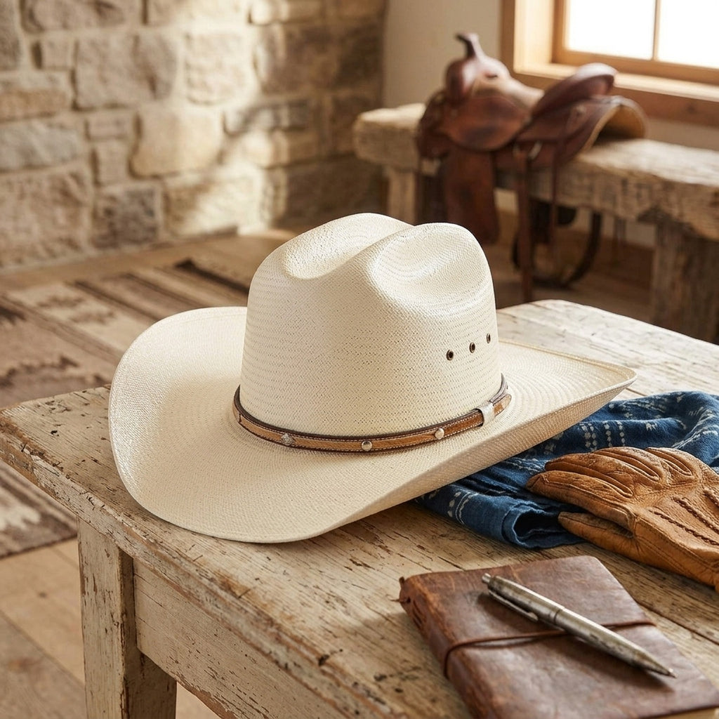 Cream Straw Cowboy Hat with Studded Leather Hatband Detail