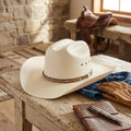 Cream Straw Cowboy Hat with Studded Leather Hatband Detail