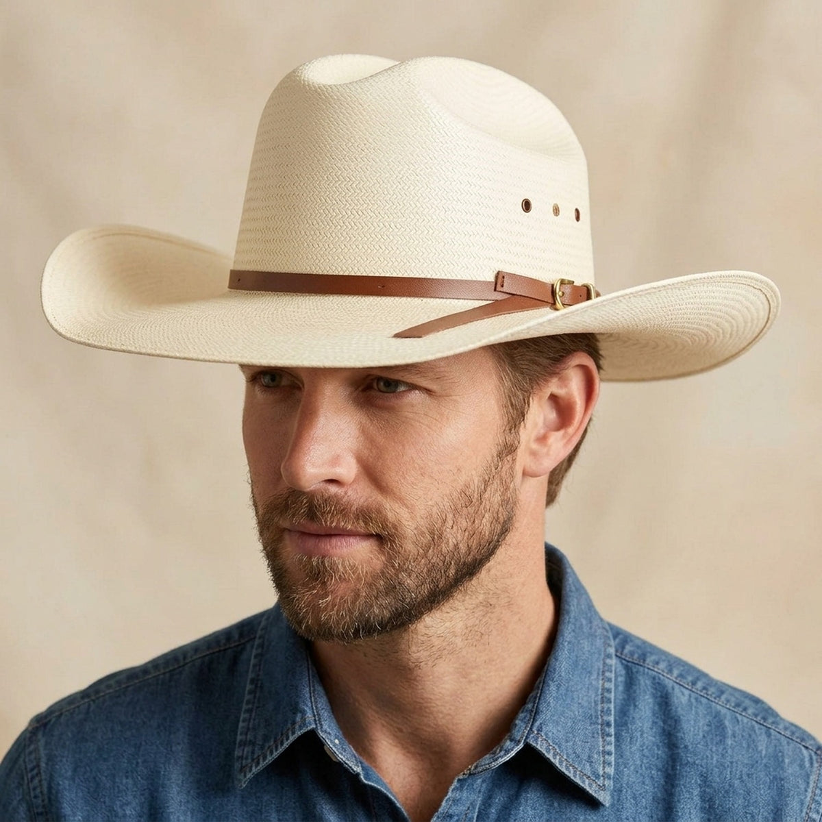 Cream White Straw Cowboy Hat with Leather Tie Band, Sun Ready