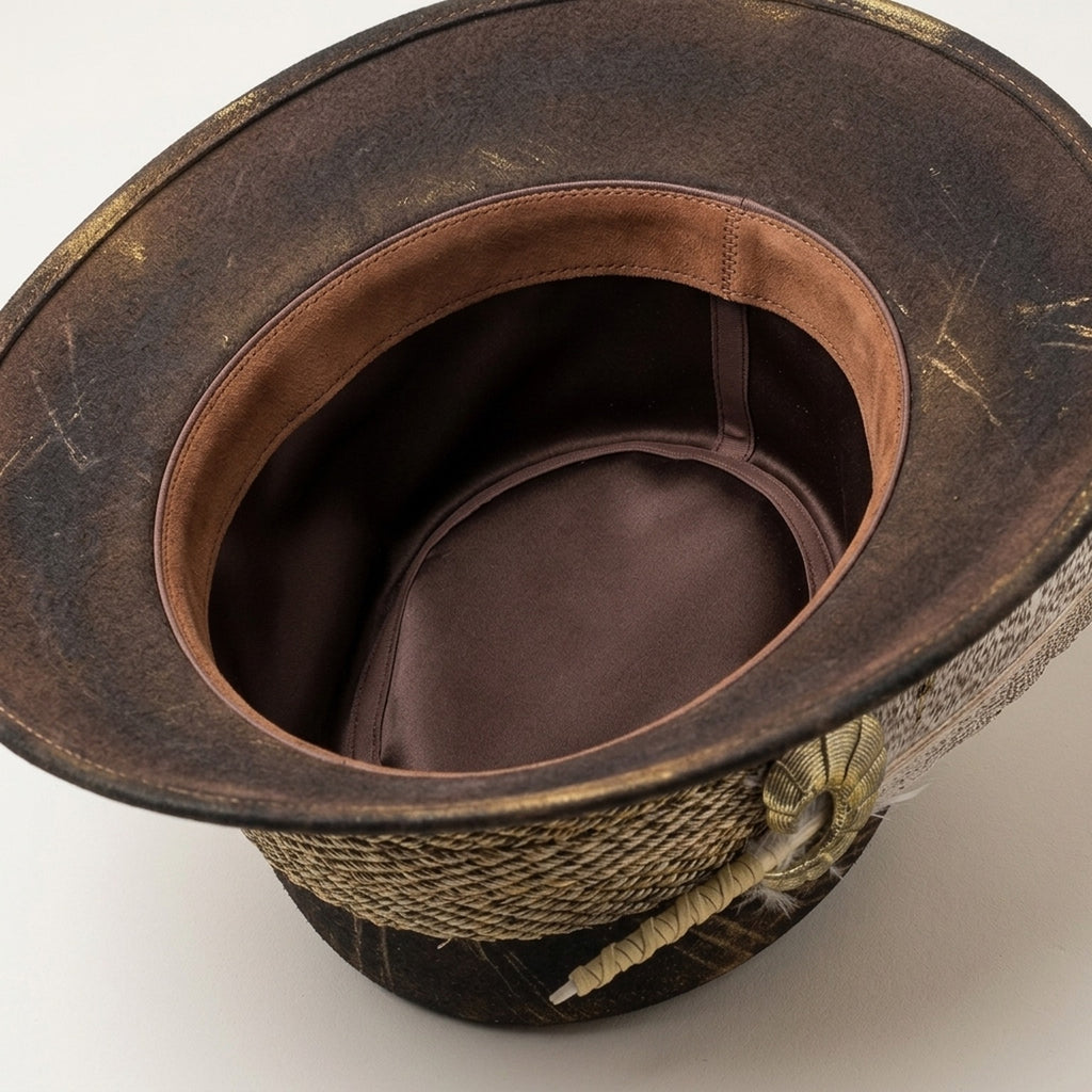 Dark Distressed Fedora Rope Band Speckled Feather Boho Ranch Hat