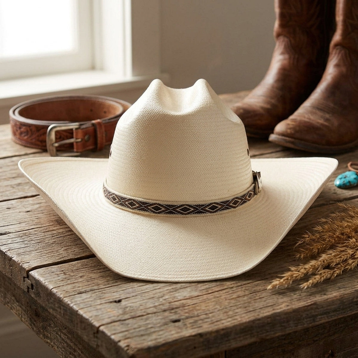 Ivory Straw Western Hat with Geometric Patterned Woven Band