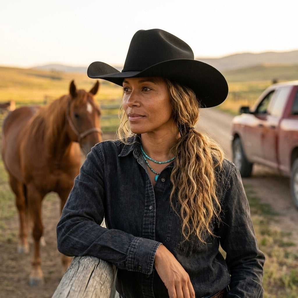 Black Felt Cowboy Hat with Tall Pinched Crown and Upturned Brim