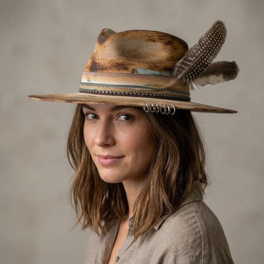 Weathered Tan Fedora with Turquoise Beads and Feather Band