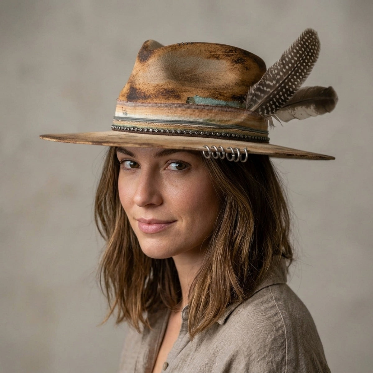 Weathered Tan Fedora with Turquoise Beads and Feather Band