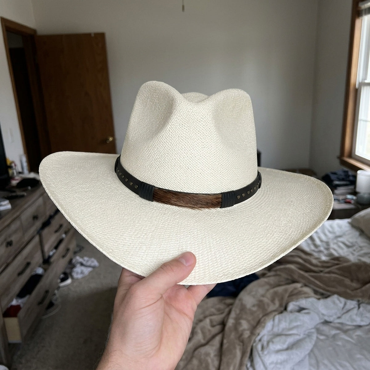 Ivory Straw Western Hat with Leather Band and Wide Brim