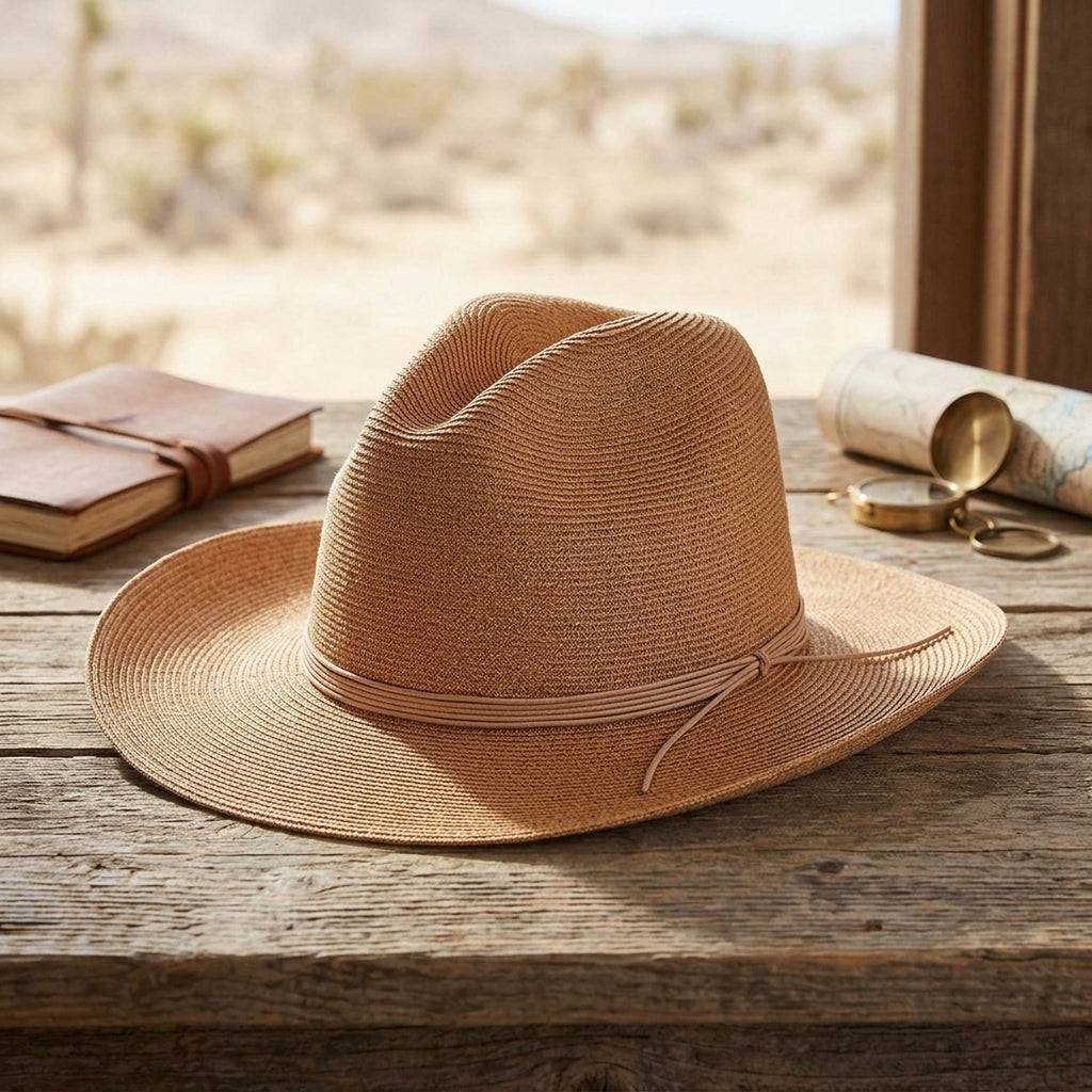 Tan Straw Fedora with Leather Cord Band for Summer Festival Style