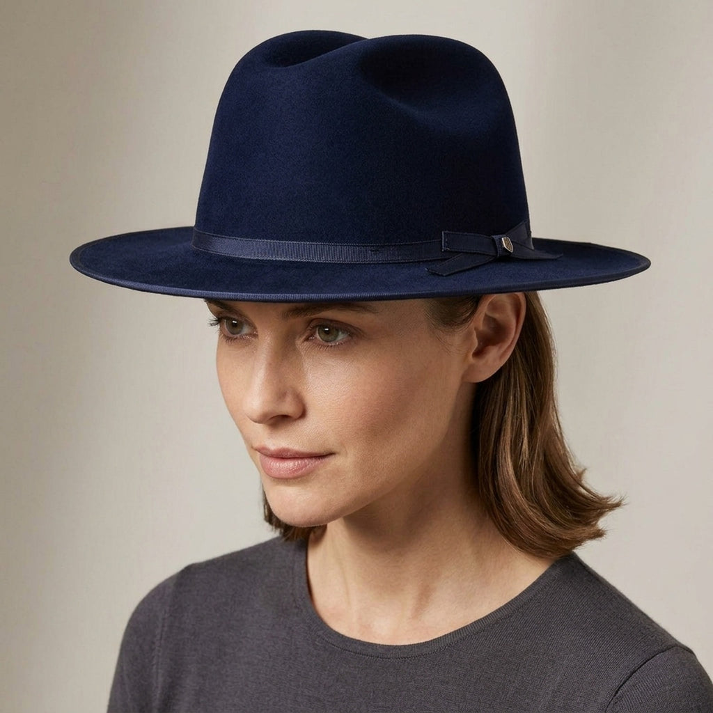 Unisex Navy Wool Felt Fedora Hat with Wide Brim Ribbon Band