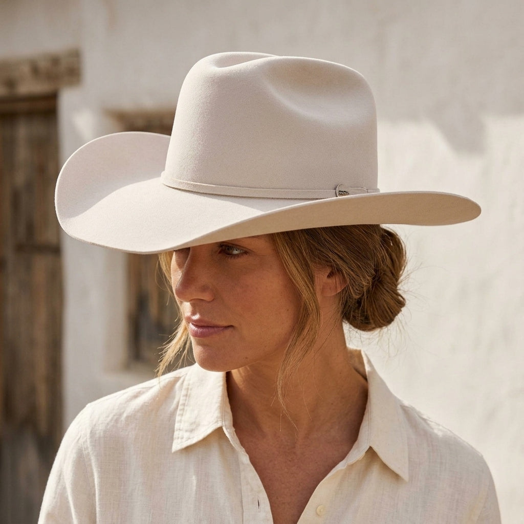 Cream Felt Cowboy Hat with Curved Wide Western Style Brim