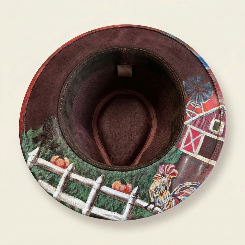 Red Crown Fedora Hat with Hand-Painted Farm Brim Scene