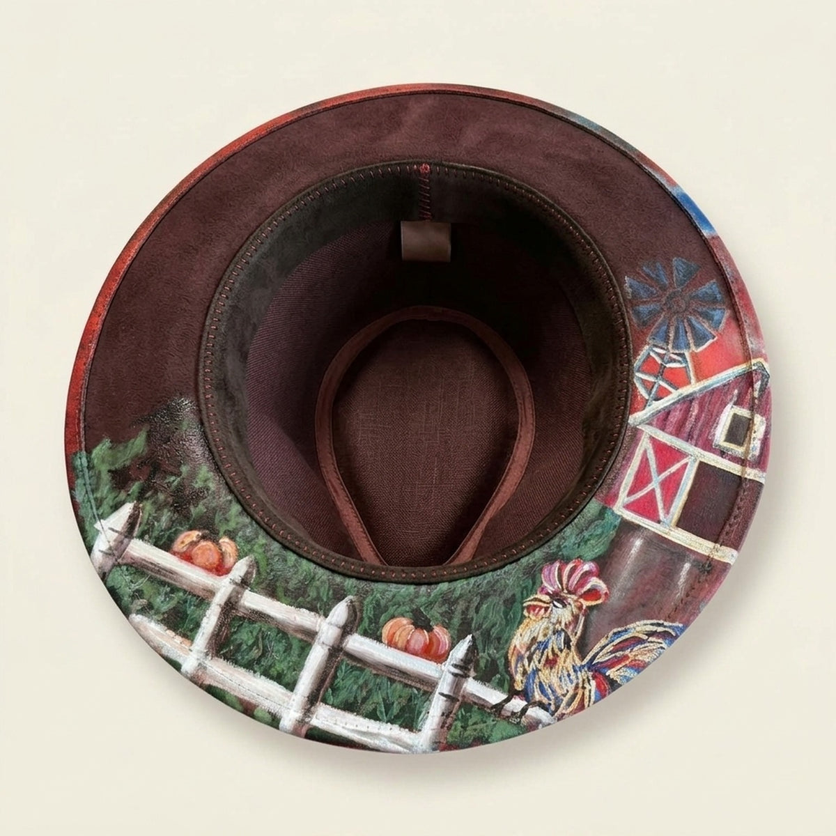 Red Crown Fedora Hat with Hand-Painted Farm Brim Scene