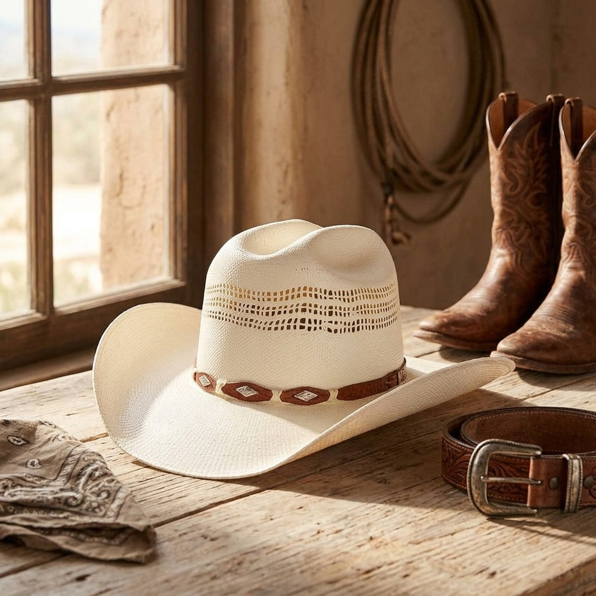 Cream Straw Western Hat with Vented Crown and Diamond Stud Band