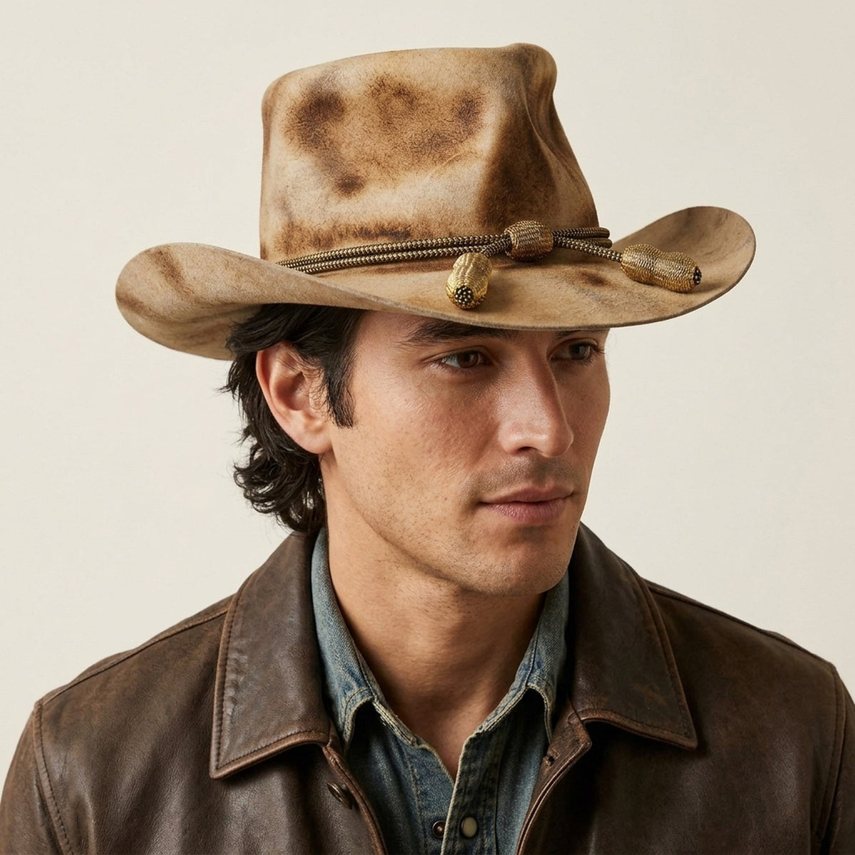 Distressed Tan Cowboy Hat with Braided Tassel Cord Band