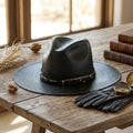 Unisex Black Straw Sun Hat with Beaded Band and Wide Brim