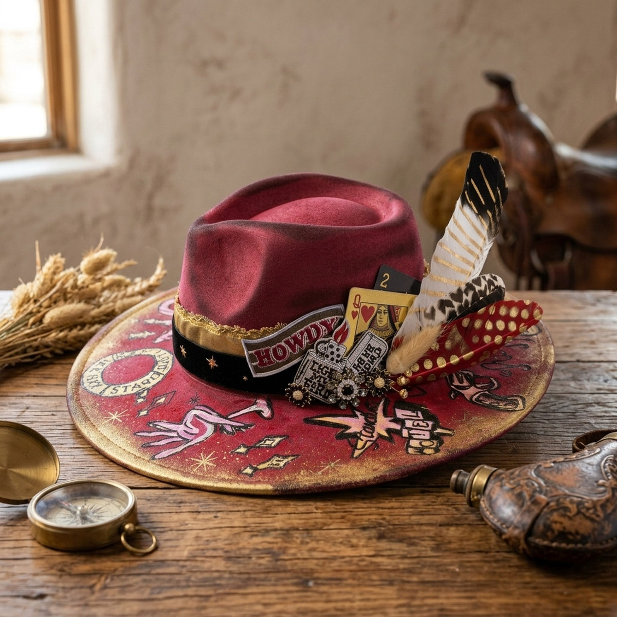 Burgundy Mystic Fedora with Hand-Painted Tarot and Cards