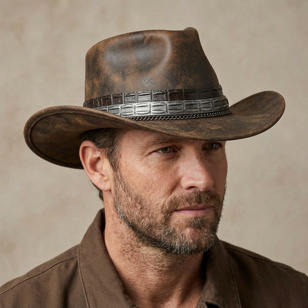 Distressed Brown Leather Cowboy Hat with Chain Accent Band