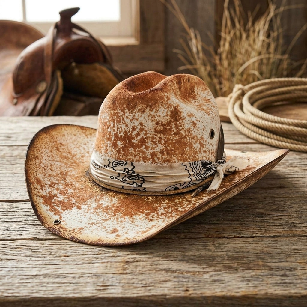 Speckled Tan Cowboy Hat with Paisley Bandana and Silver Concho