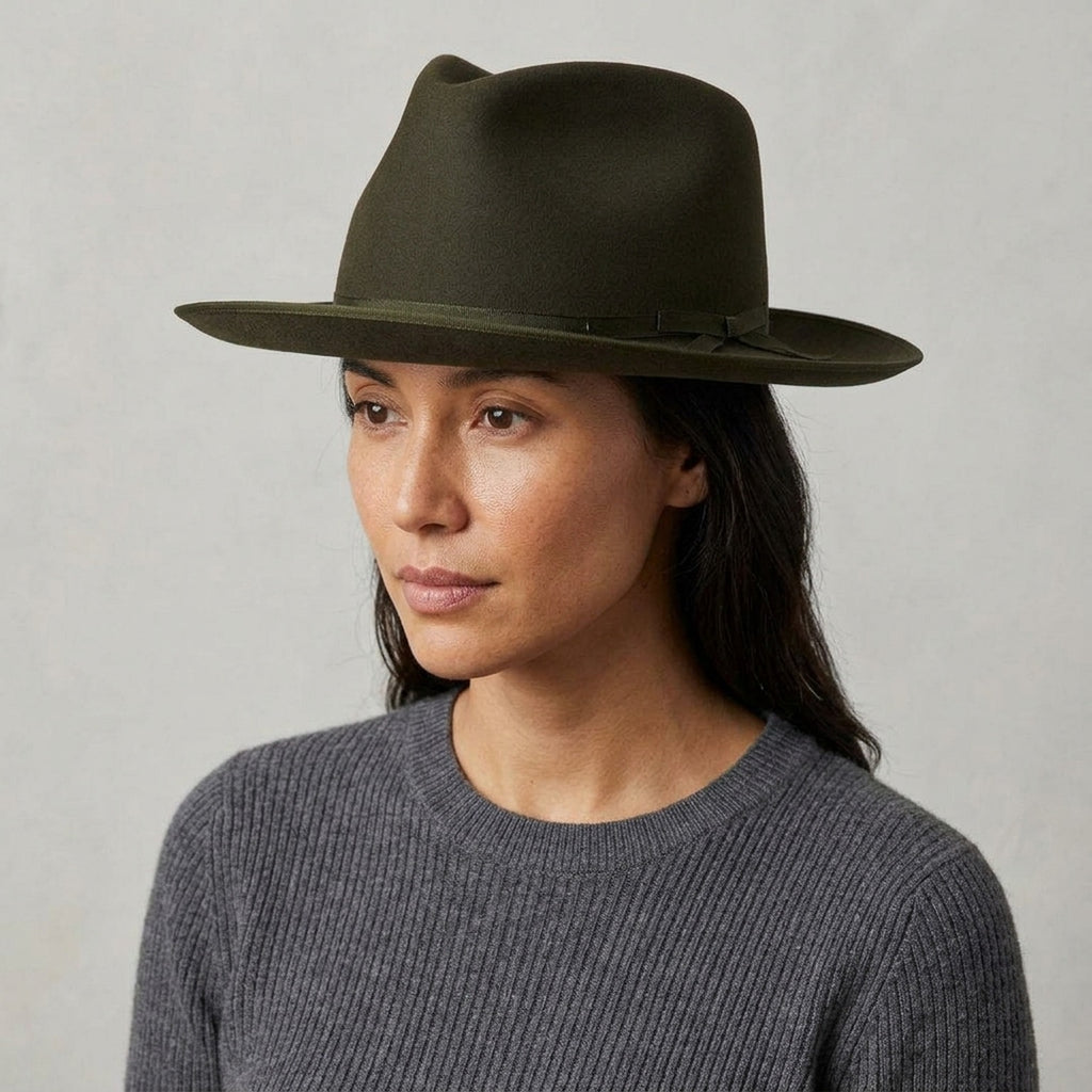Dark Olive Felt Fedora Hat with Matching Ribbon Bow Detail