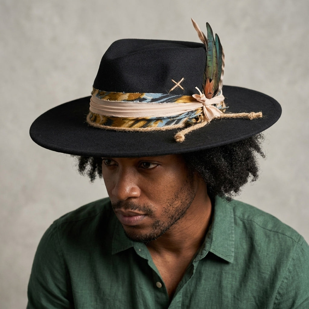 Black Wide Brim Fedora with Ribbon Band and Mixed Feathers