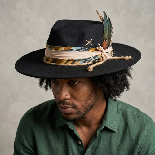 Black Wide Brim Fedora with Ribbon Band and Mixed Feathers