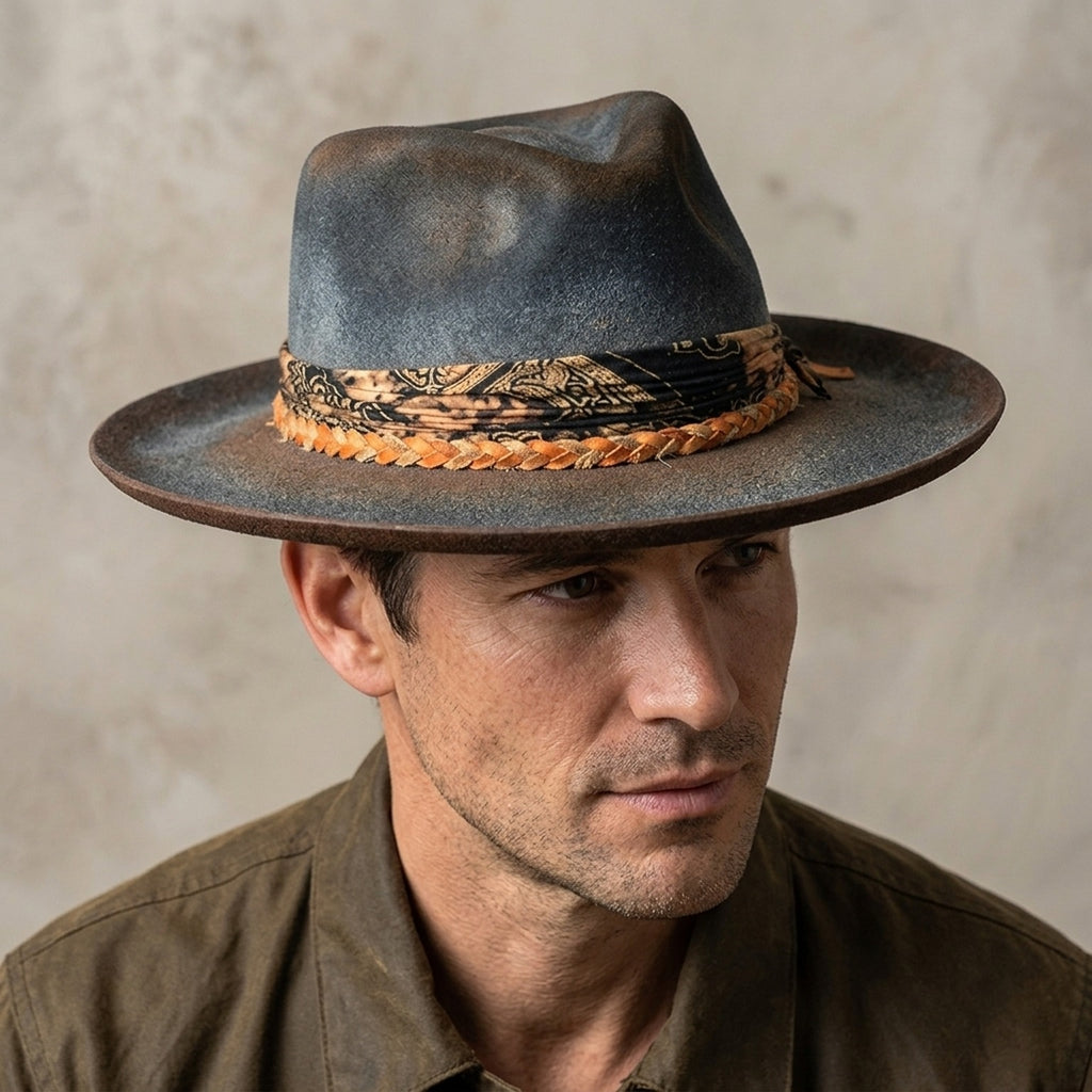 Distressed Gray Felt Fedora Paisley Bandana Orange Braided Cord