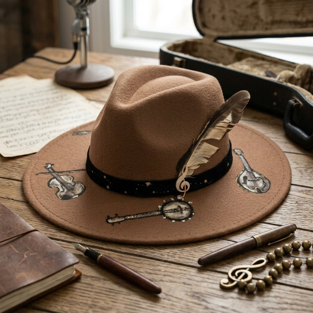 Brown Fedora with Musical Instrument Art, Velvet Band and Feather