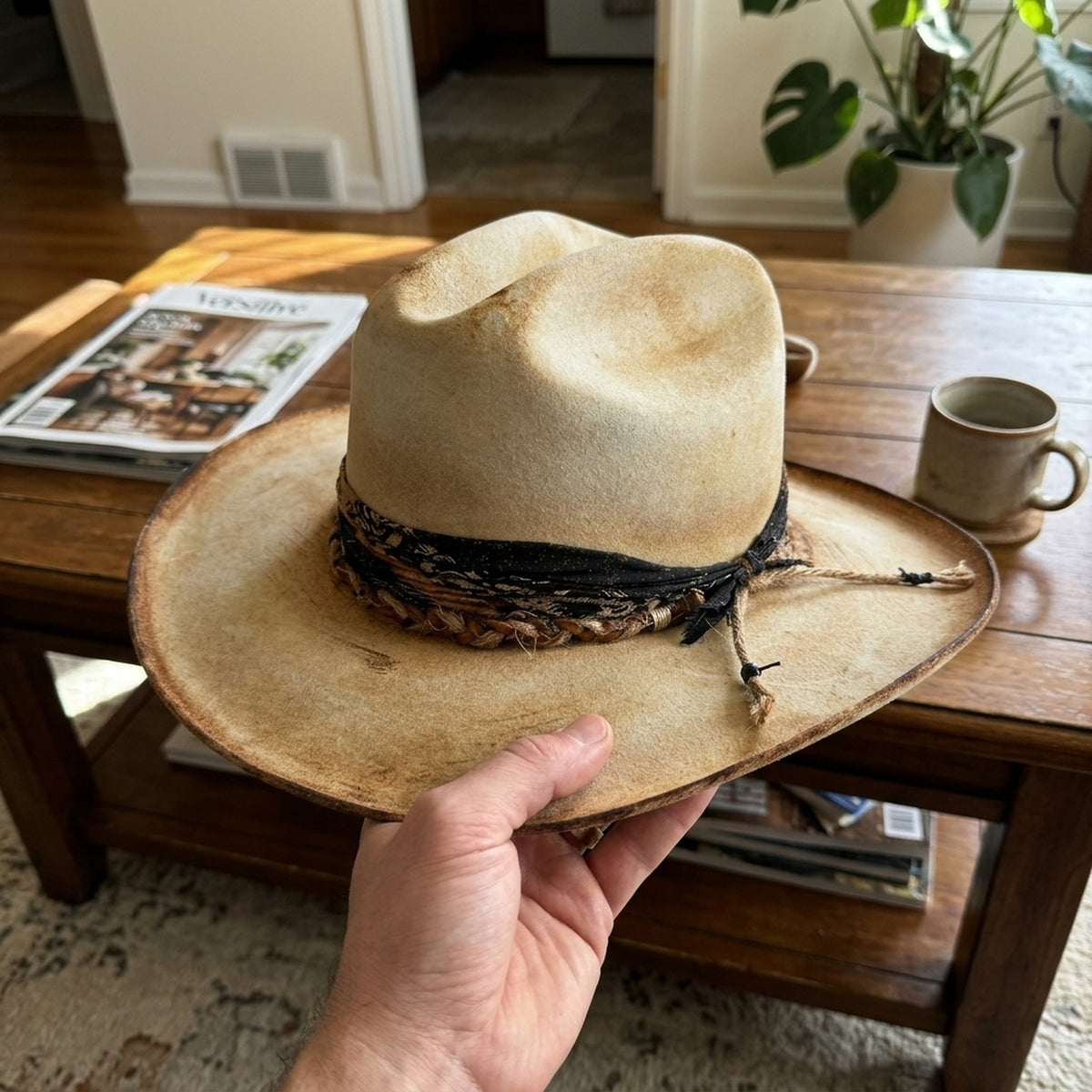 Tan Distressed Felt Fedora with Black Band Twine Rope
