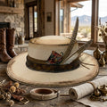 Cream Flat Crown Panama Hat with Leather Band and Feathers
